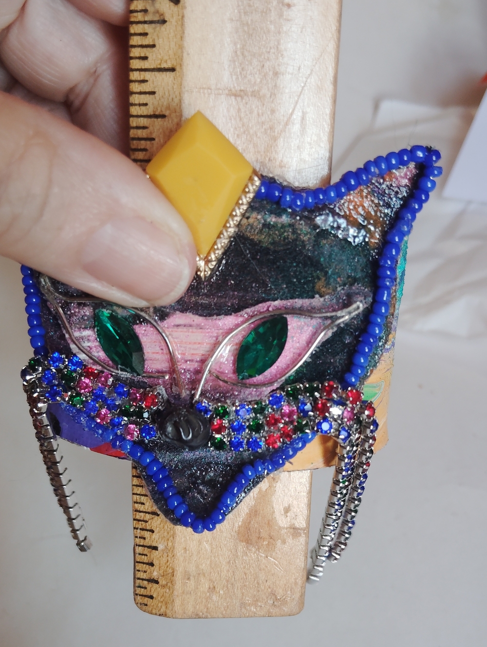 Handmade Mardi Gras Cat Face Mask Statement Bracelet Wrist Cuff Colorful - Picture 7 of 8